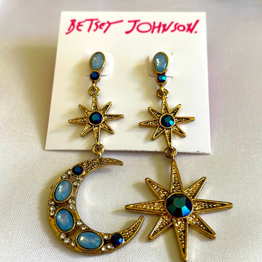 BNWT Betsey Johnson Celestial half moon & star gold tone blue crystal earrings